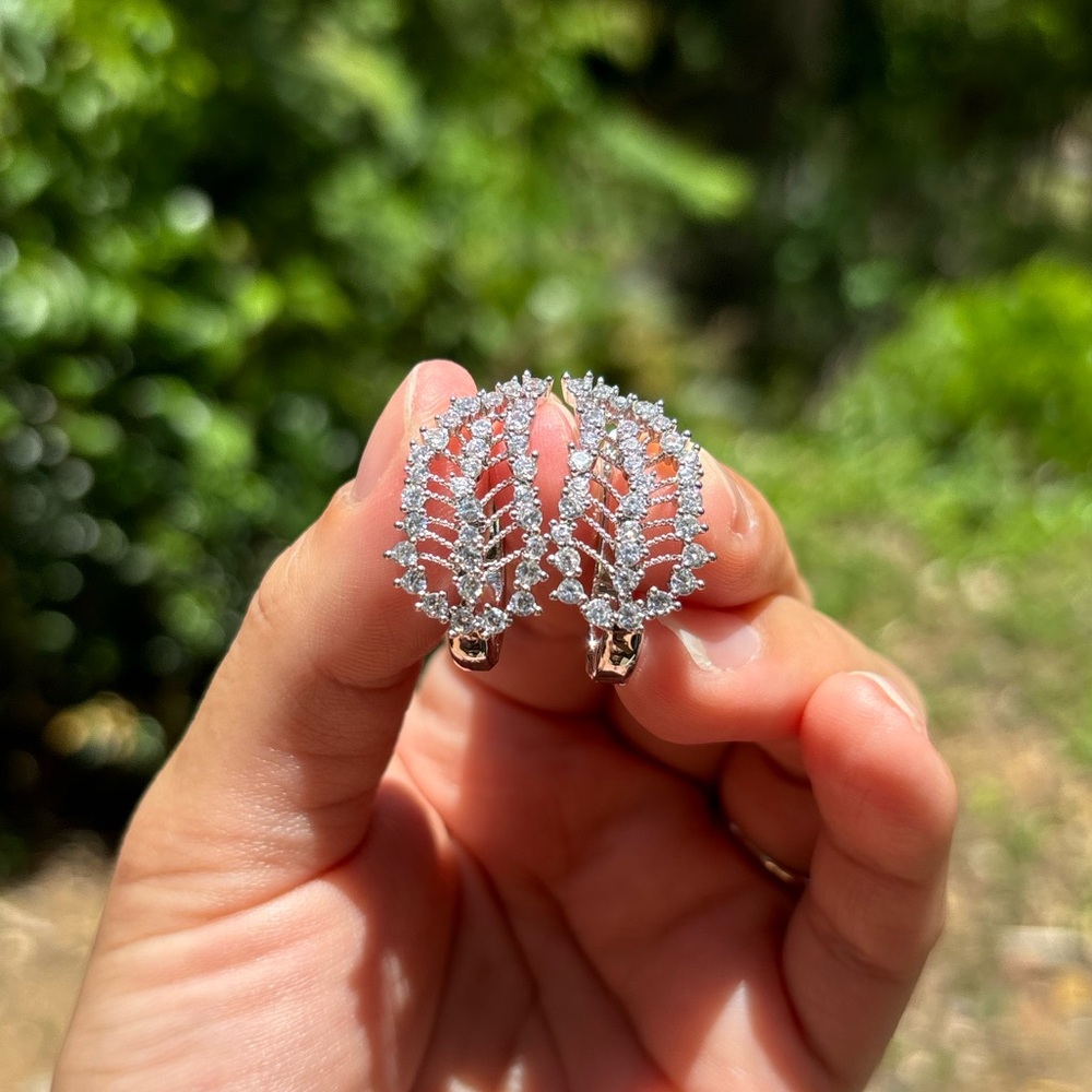 18K White Gold Plated Stainless Steel Diamond Leaf Earrings